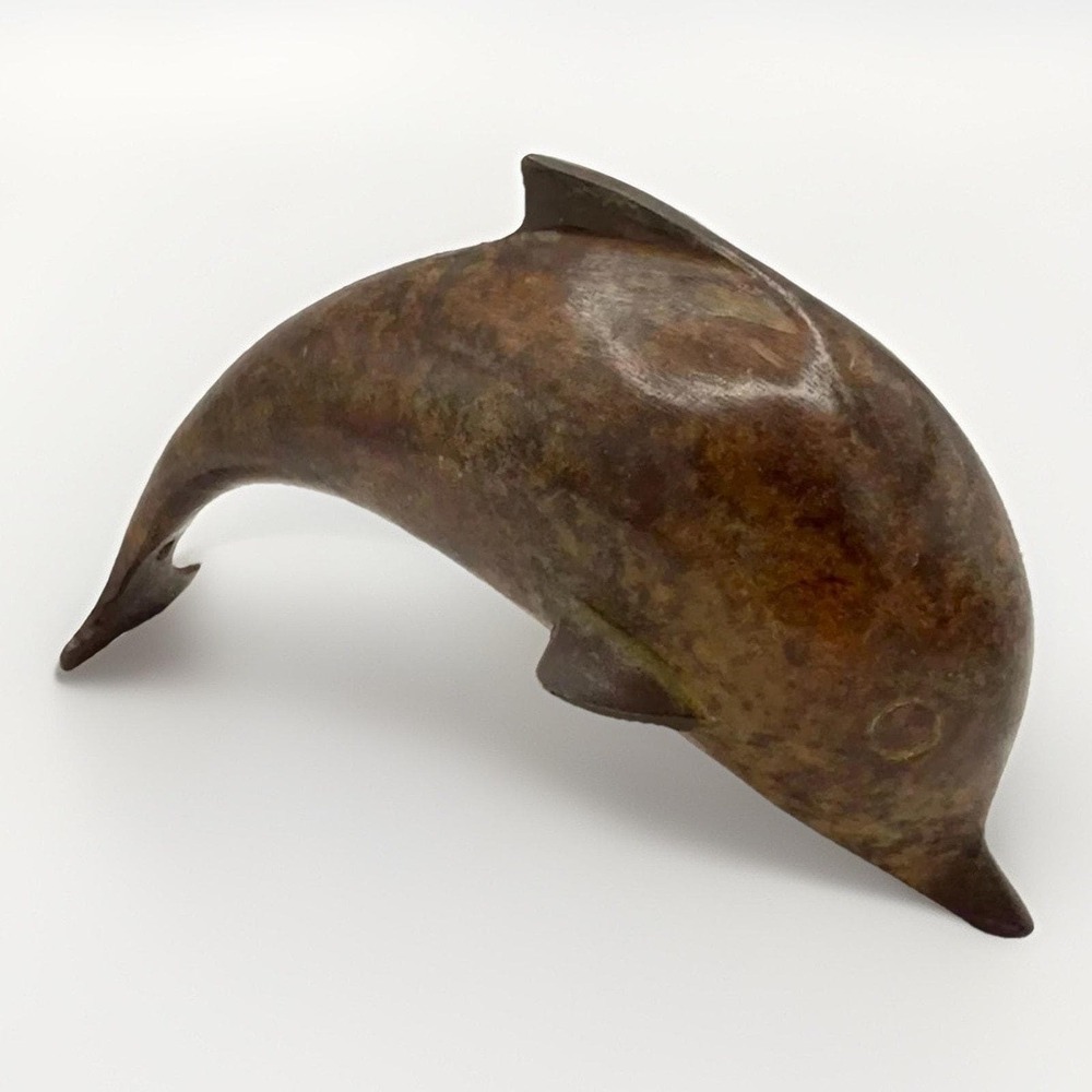 Vintage Brutalist Metal Dolphin Sculpture Bronze Patina Coastal Nautical MCM